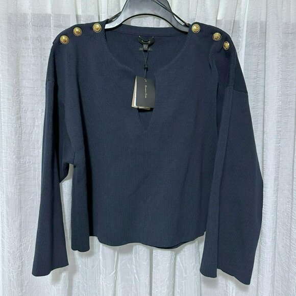 NWT Massimo Dutti Navy V Neck Sweater With Bell Sleeves Gold Buttons Size Small - Picture 1 of 8